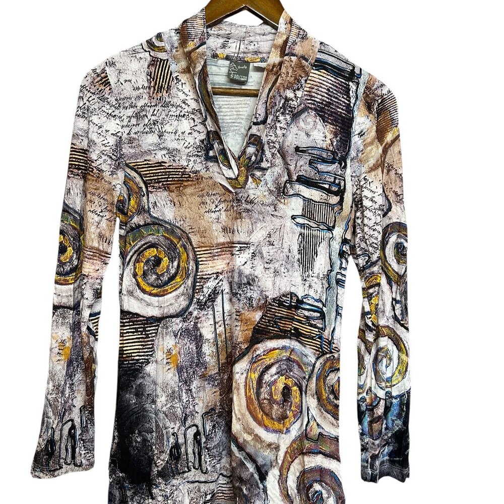 Art Simply Dolcezza Stretchy Split Neck Long Sleeve Fibonacci Swirl Top Sz XS